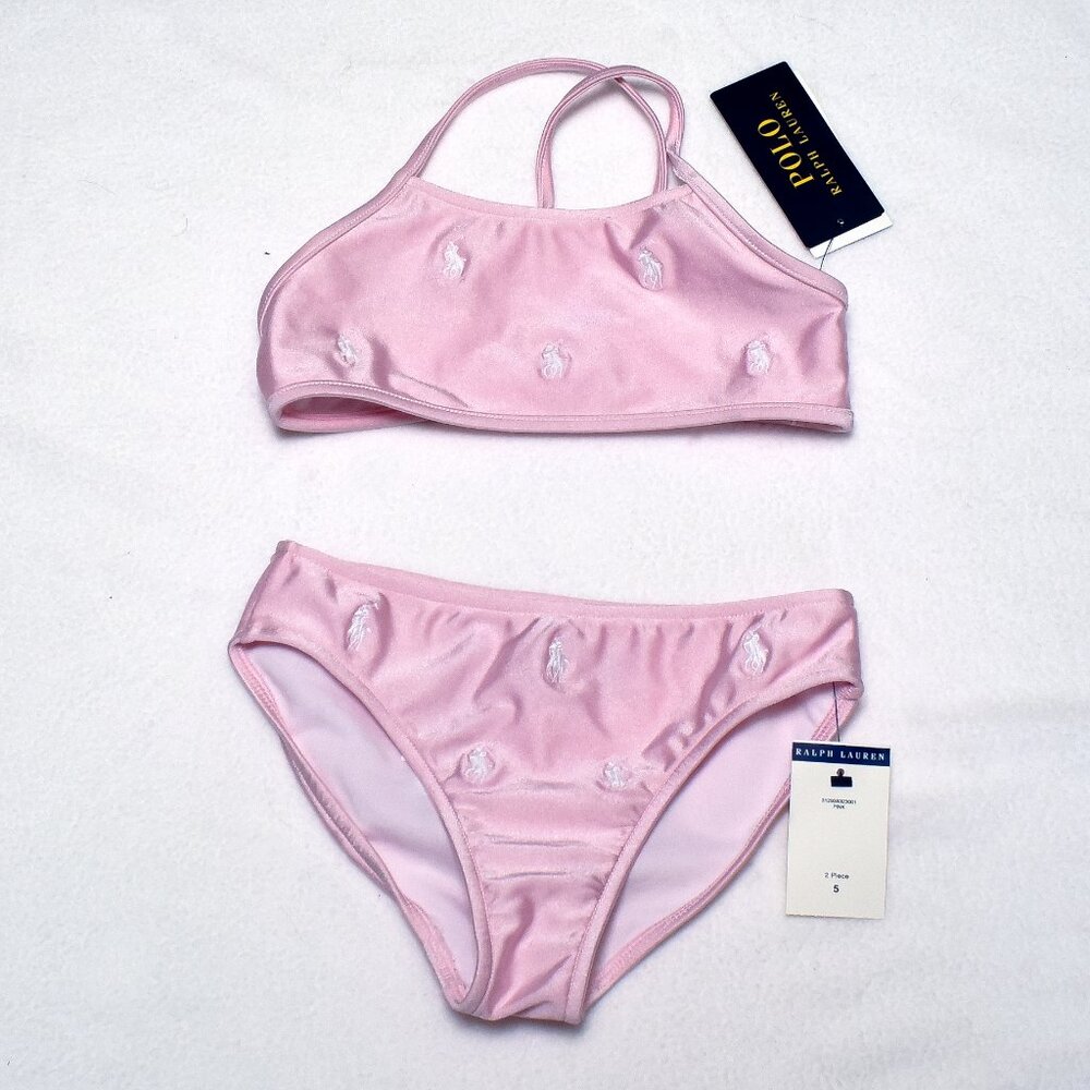 Polo Ralph Lauren Girls Pink Bikini Swimsuit Allover Pony NWT